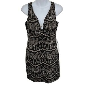 Teeze Me Bodycon Dress Womens Small Black Gold Metallic Lace V-Neck